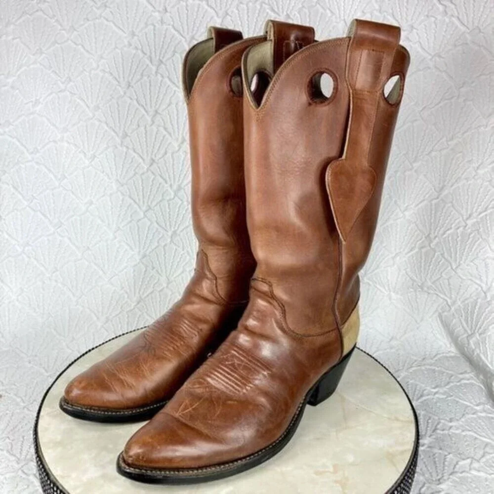 Vintage Olathe Boot Co. Cowboy Boots Mens Brown 9B Leather Mule Ear Western RARE